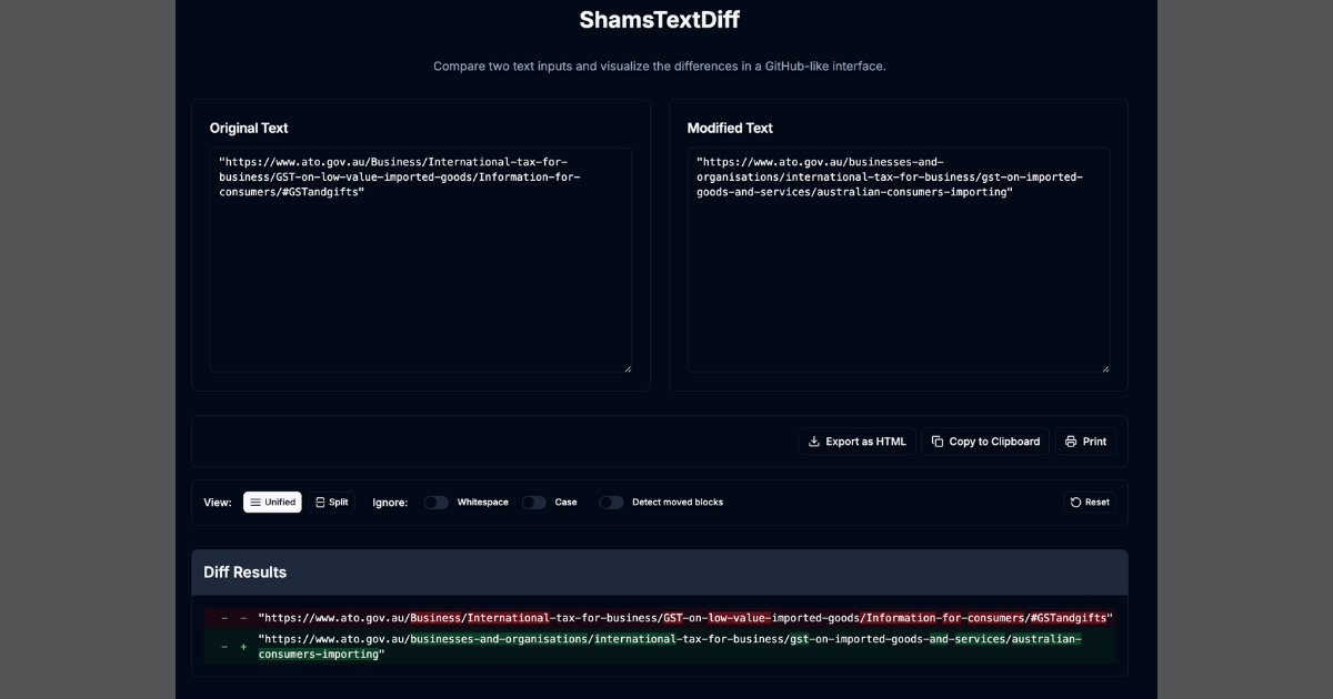 ShamsTextDiff - Compare Text with GitHub-like UI
